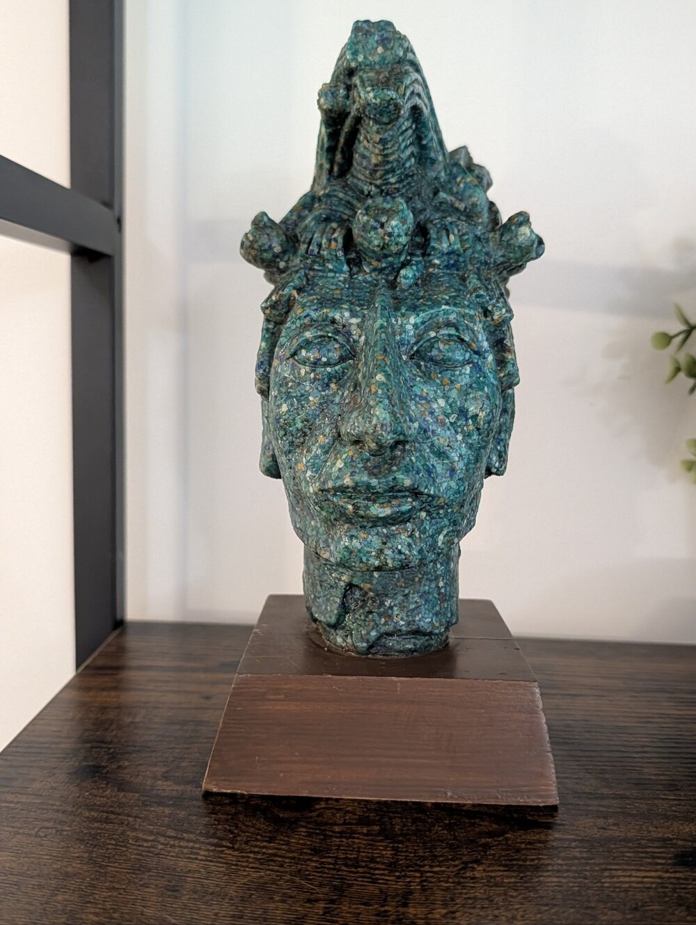 Vintage 80's Green Gold Zarebski Malachite Warrior Head Bust on Wooden Base